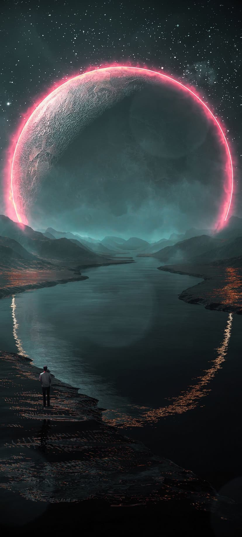 Lone silhouette stands on a rocky shore facing a massive planet with a vibrant pink neon ring in a starry sky.