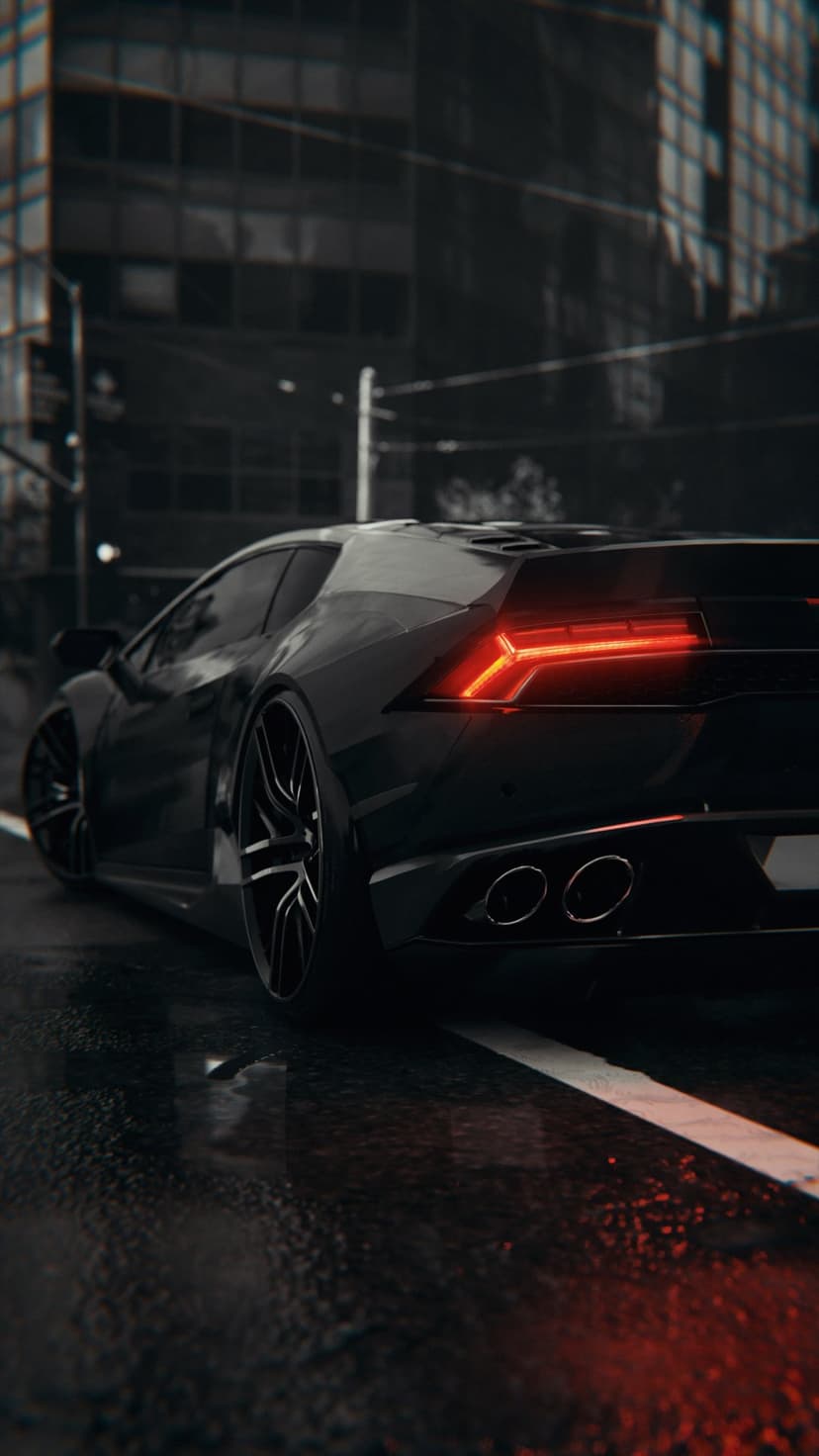 Lamborghini Aventador with glowing red taillights parked on a wet, reflective city street under night sky.