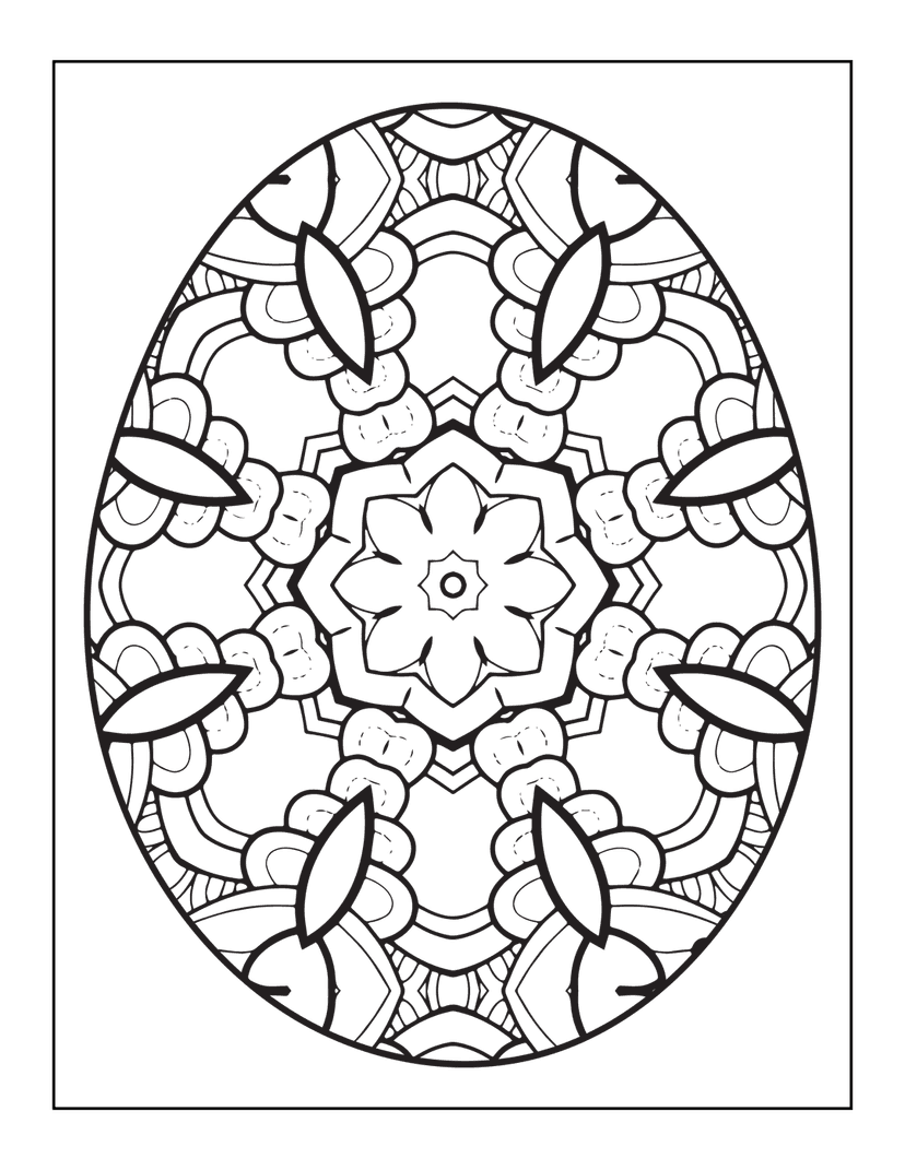 Intricate egg coloring page featuring symmetrical mandala patterns and detailed black line art on white background.