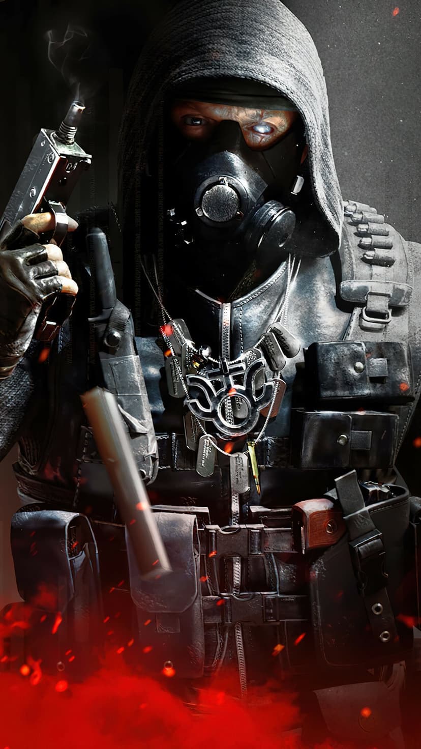 Hooded soldier in gas mask with dog tags holding a smoking gun over red sparks on a dark background.