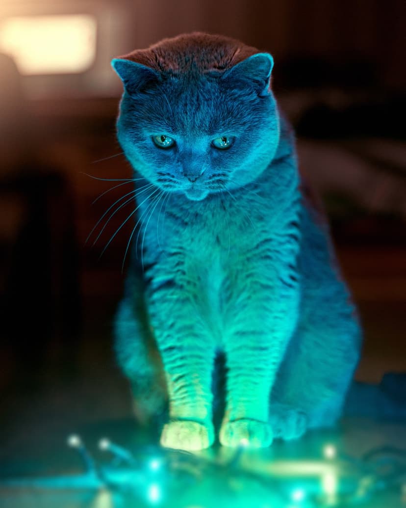 British Shorthair cat illuminated by neon blue and green light with its gaze lowered against a dark background.