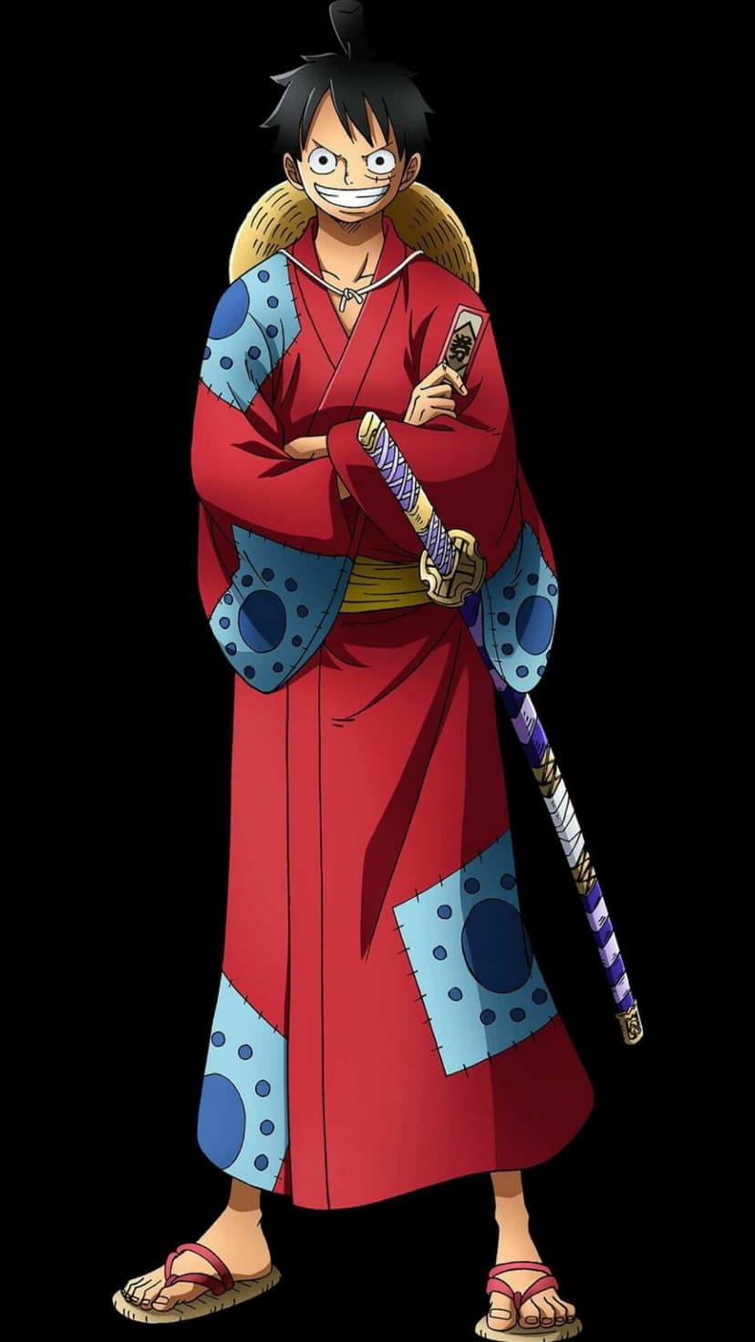 Monkey D. Luffy wears a red kimono and straw hat with a katana at his waist in a samurai-inspired pose.