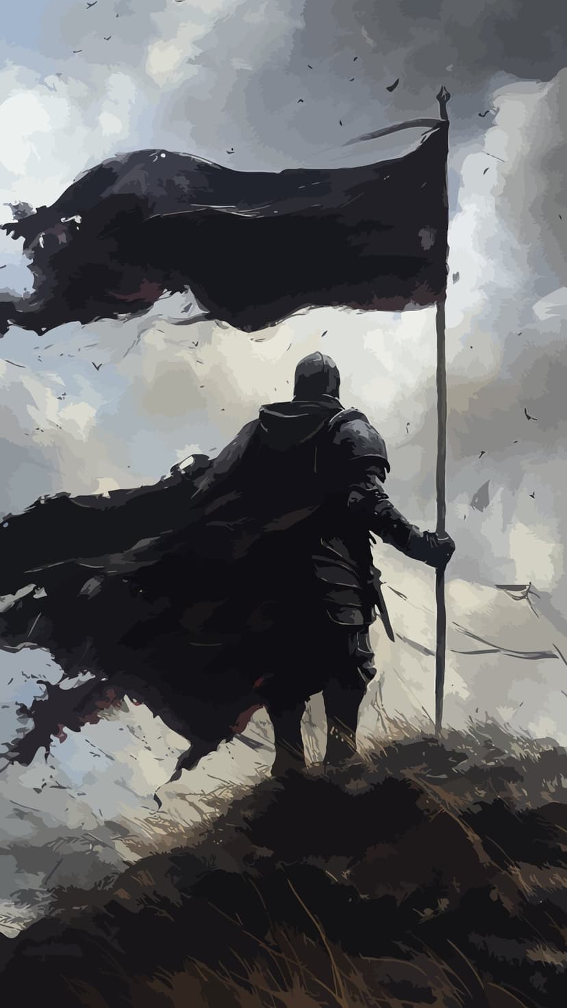 Knight in dark armor holding a tattered black flag on a grassy hill under a turbulent, cloudy sky with birds.