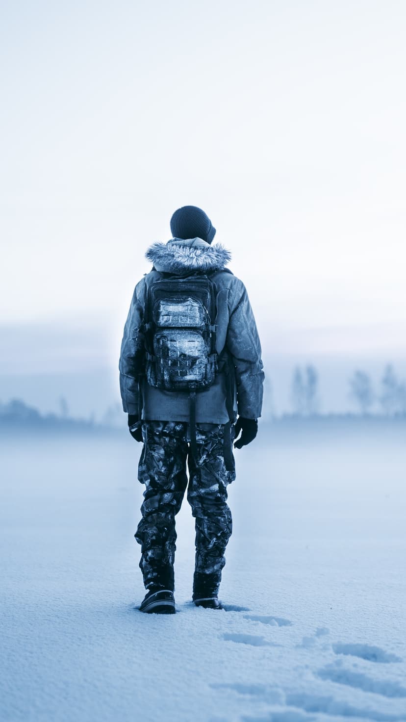 Person in a fur parka and backpack faces a misty snow landscape with footprints trailing in the white powder.