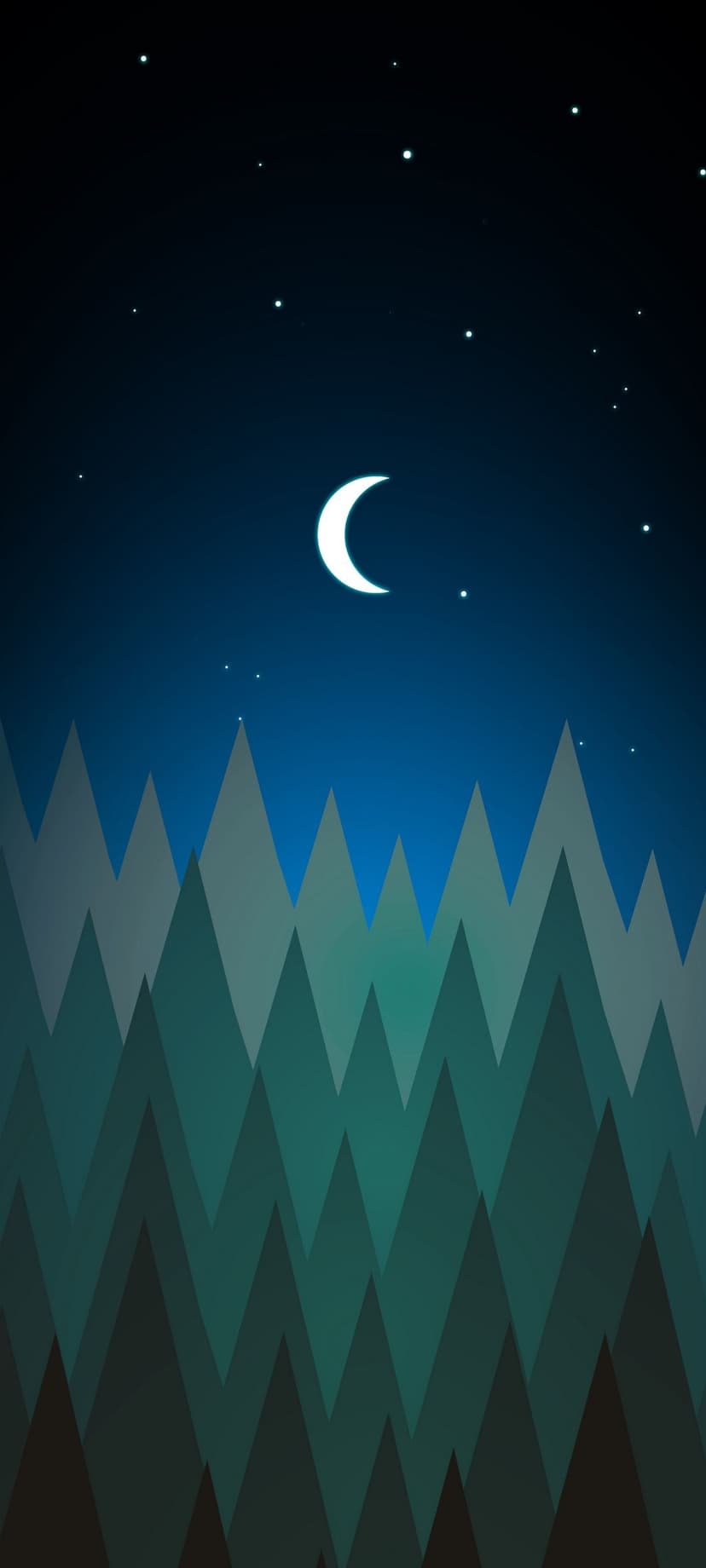 Luminous crescent moon and stars shining over layered teal forest silhouettes against a dark nocturnal sky.