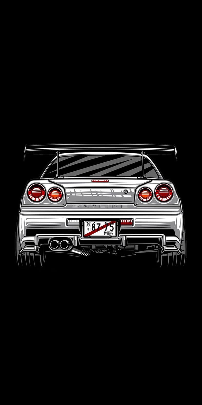 Nissan Skyline R34 rear view showing round red taillights, a tall spoiler, and chrome dual exhaust pipes.