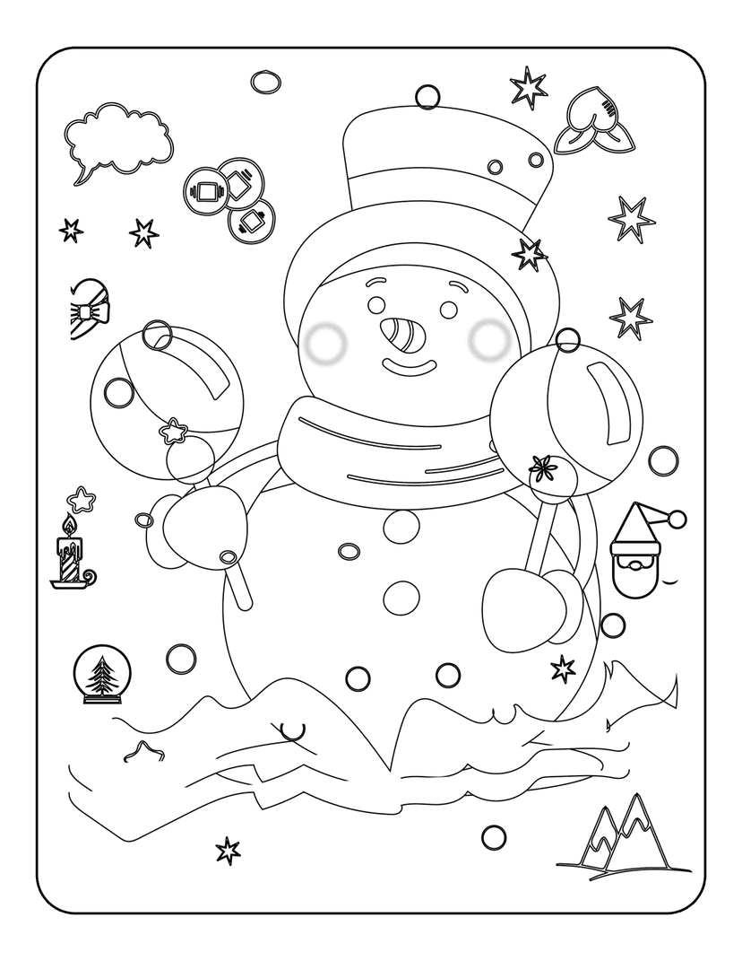 Snowman line art coloring page featuring a top hat, festive snow globe, and Santa figurine in mountain scenery.