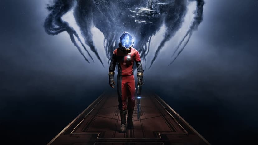 Astronaut in a red suit walks forward with a glowing blue helmet amidst dark smoky tendrils in deep space.