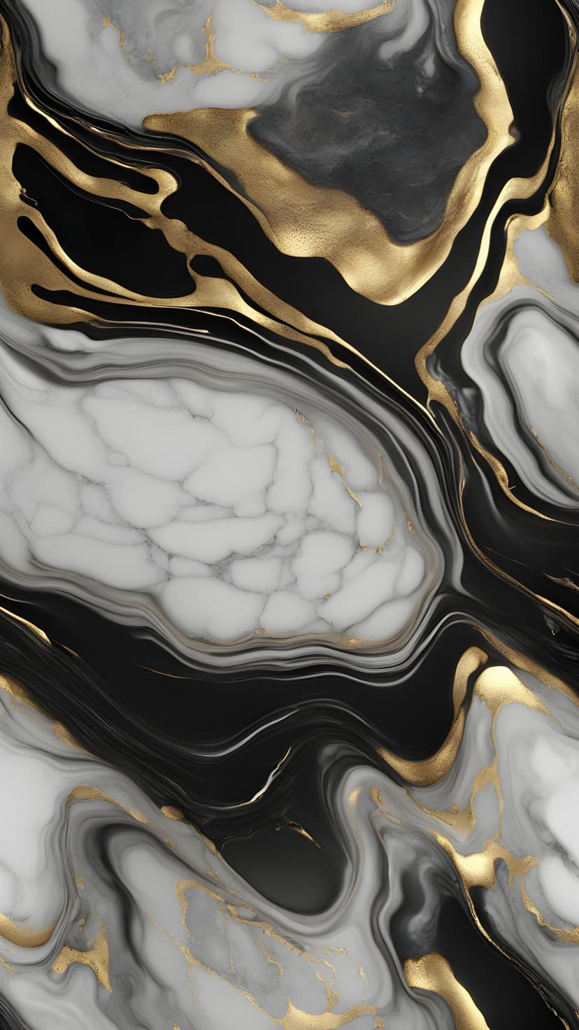 Swirling black and white marble patterns with shimmering gold veins create a high-contrast liquid stone texture.