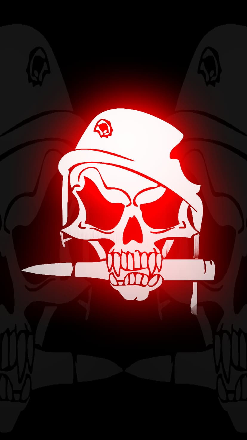 Fanged skull in a beret clenching a knife between its teeth, backlit by a deep red glow against dark shadows.
