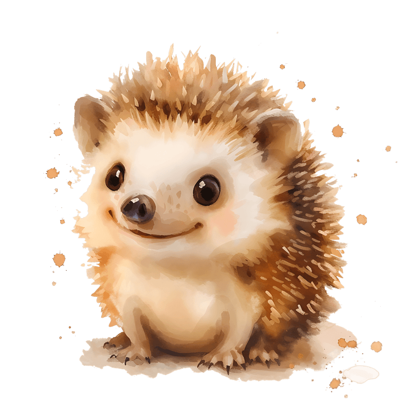 Watercolor hedgehog illustration featuring brown quills and cream fur with artistic paint splatters on black.