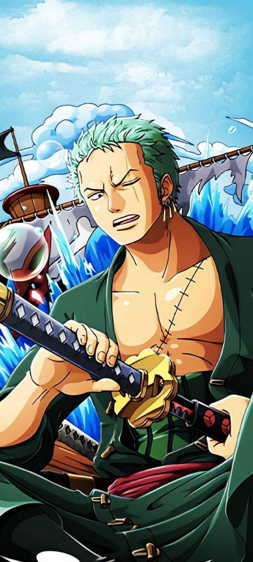 Roronoa Zoro grips katanas with a determined look while standing before crashing sea waves and a ship mast.
