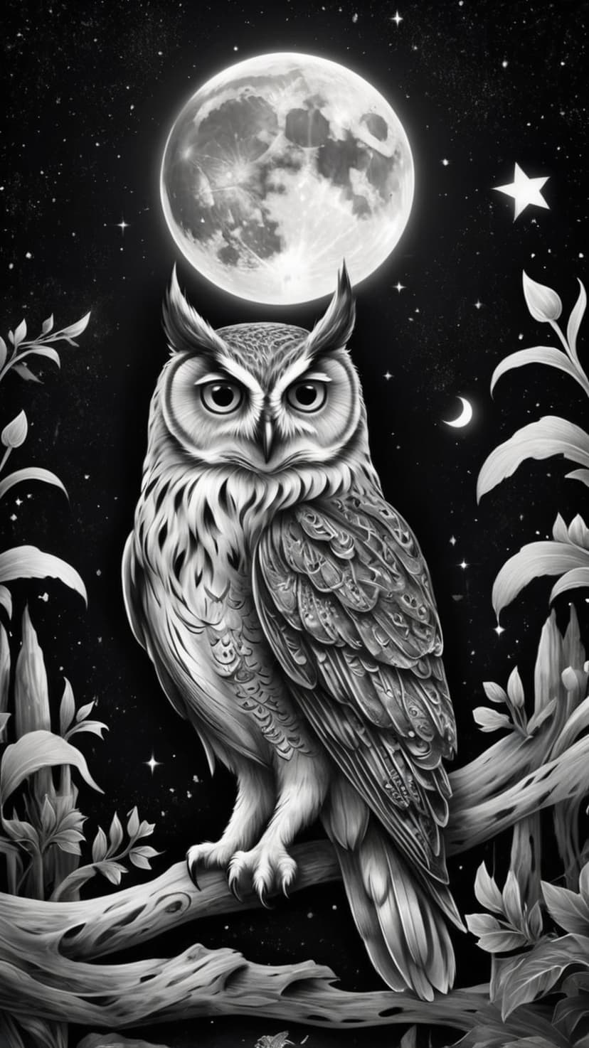 Great horned owl with detailed feathers perches on a branch under a full moon, crescent moon, and starry night sky.