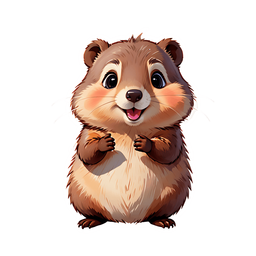 Brown hamster sticker illustration featuring fluffy fur, pink cheeks, and white border on a transparent background.