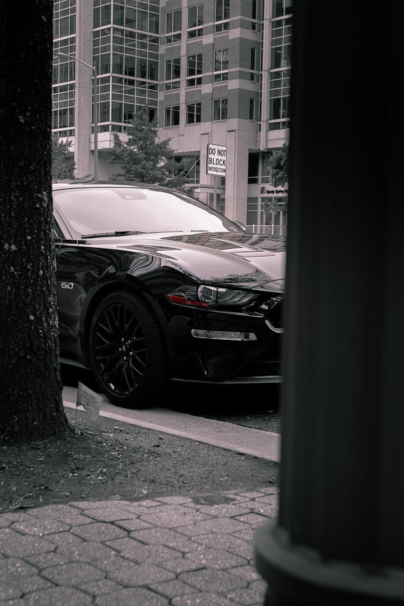 Black Ford Mustang GT with a 50 badge parked on a city street in front of a modern building in monochrome.
