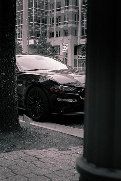 Black Ford Mustang GT parked on city street