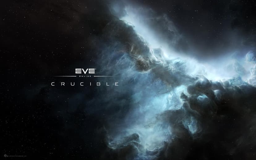 Swirling blue and white space nebula with the EVE Online Crucible logo against a dark starry background.