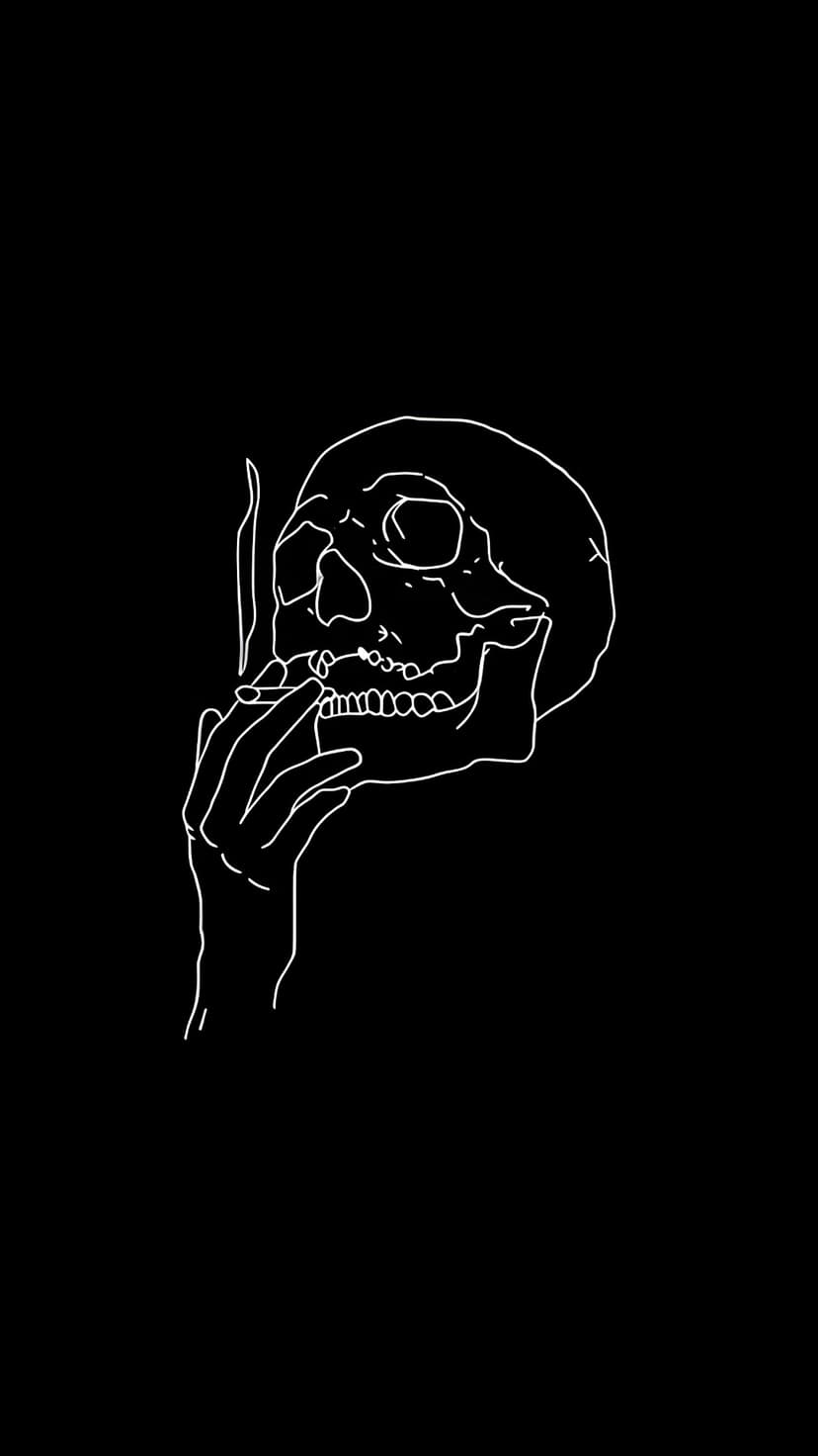 White skull with a cigarette in its jaw exhales smoke against a solid black background in a minimalist style.