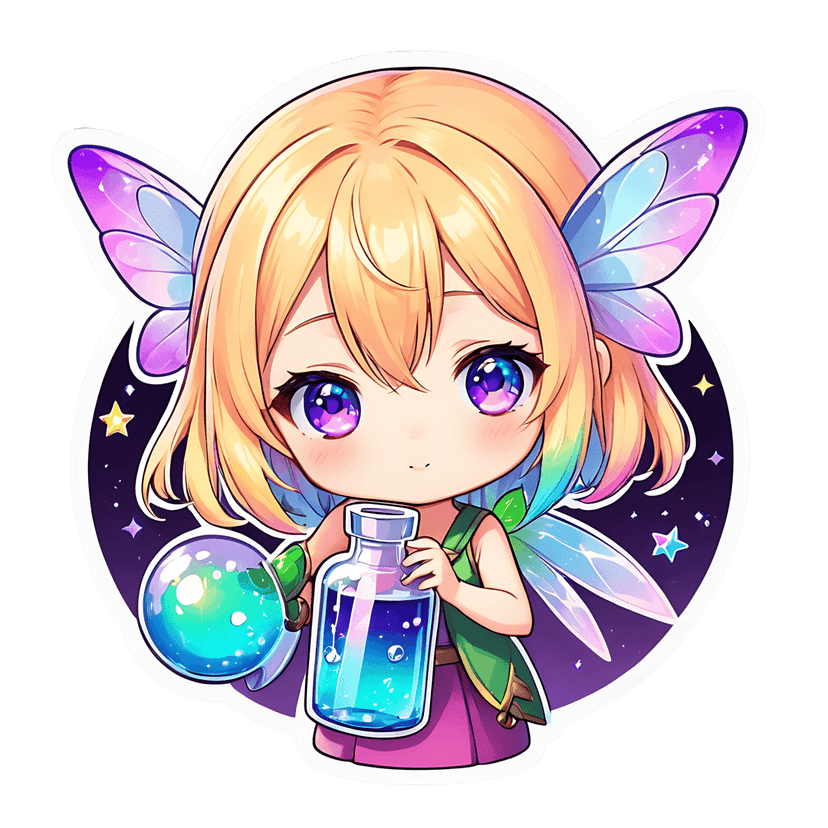 Chibi fairy sticker holding a glowing green orb and blue potion bottle against a dark starry night background.