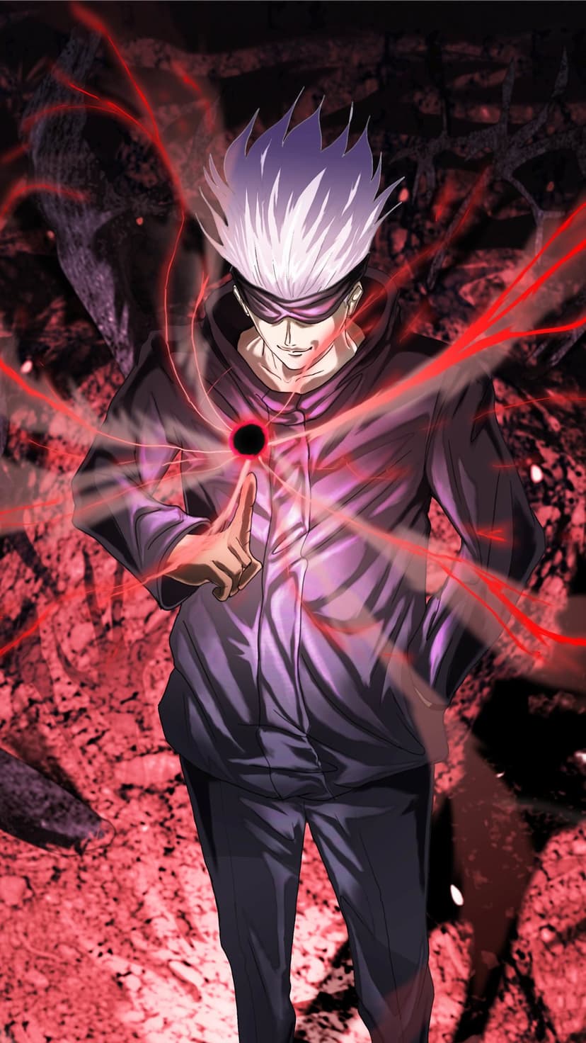 Satoru Gojo with white hair and a blindfold holds a glowing red energy sphere against a dark crimson background.