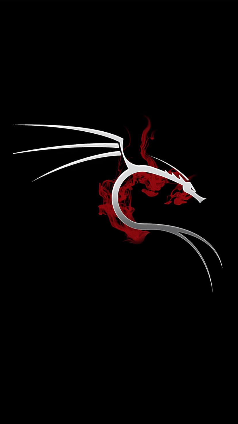 Silver Kali Linux dragon logo with red smoke trails against a solid black background for a phone screen.