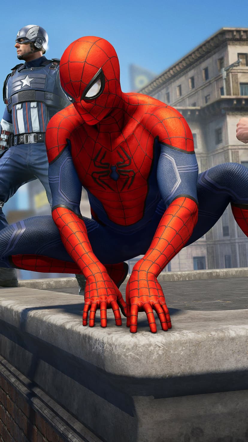 Spider-Man crouches on a stone ledge while Captain America stands behind him against a sunny city skyline.