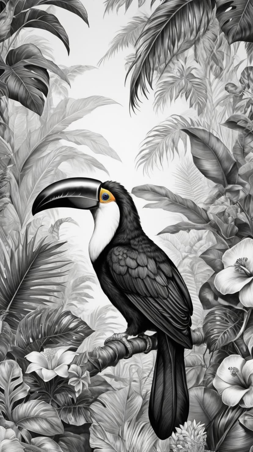 Toucan perched on a branch surrounded by detailed tropical leaves and flowers in a monochrome style.