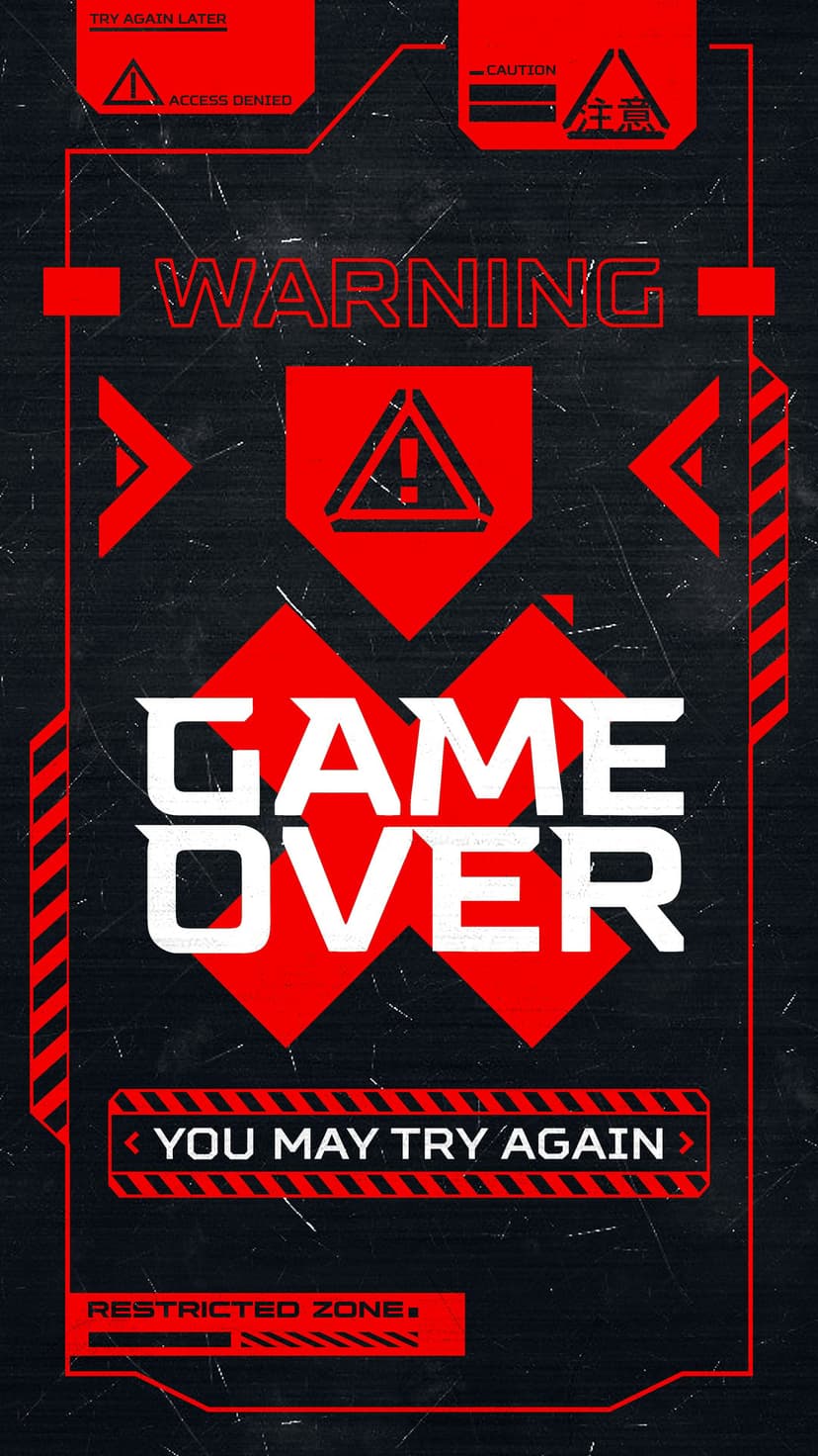 Game Over text and hazard symbols appear on a dark red textured screen with a futuristic technical layout.