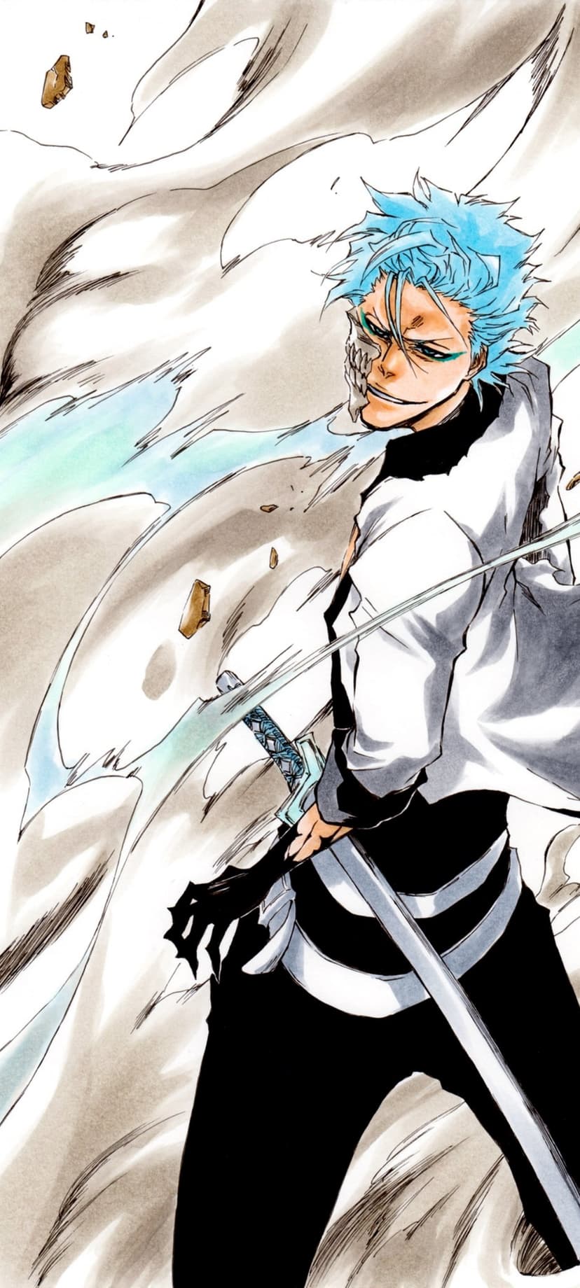 Masked warrior with spiky blue hair grins while holding a sword amidst splashing water and debris in a battle.