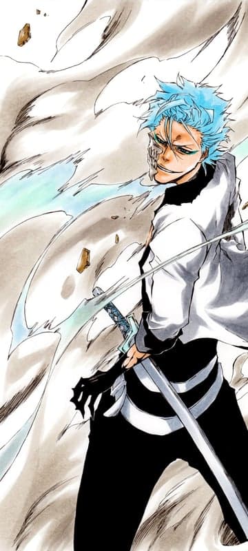 Grinning Grimy Gilian with blue hair and sword