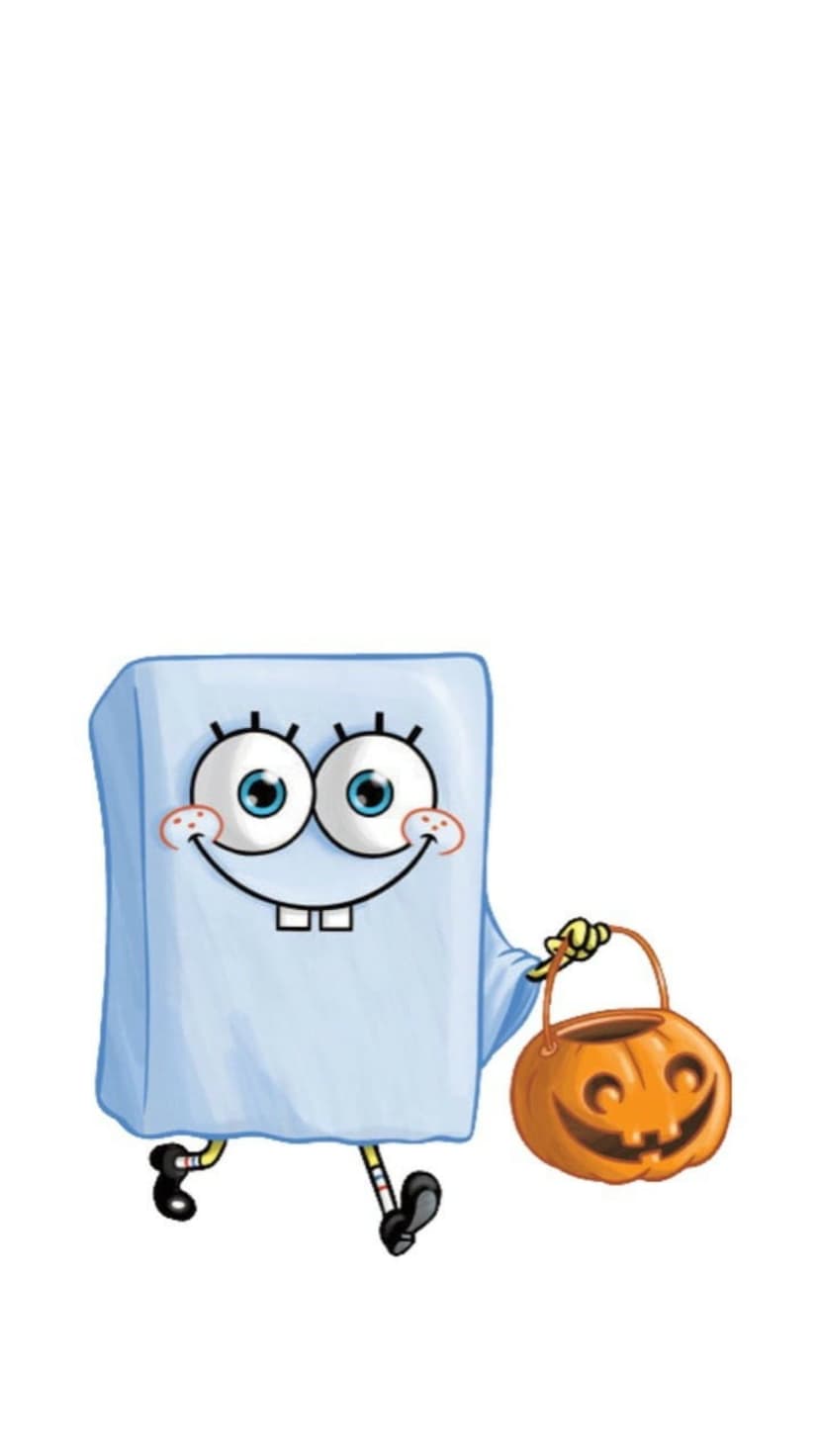 SpongeBob SquarePants wearing a light blue ghost sheet while holding an orange jack-o'-lantern candy bucket.