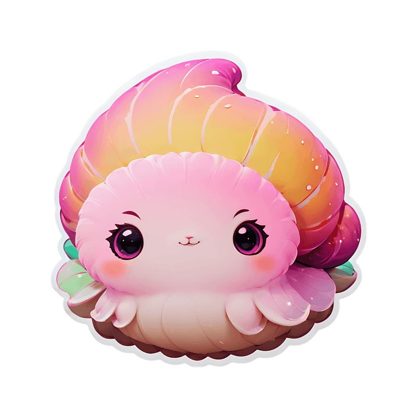 Pink snail sticker with a glossy 3D gradient shell and white border stands against a transparent background.