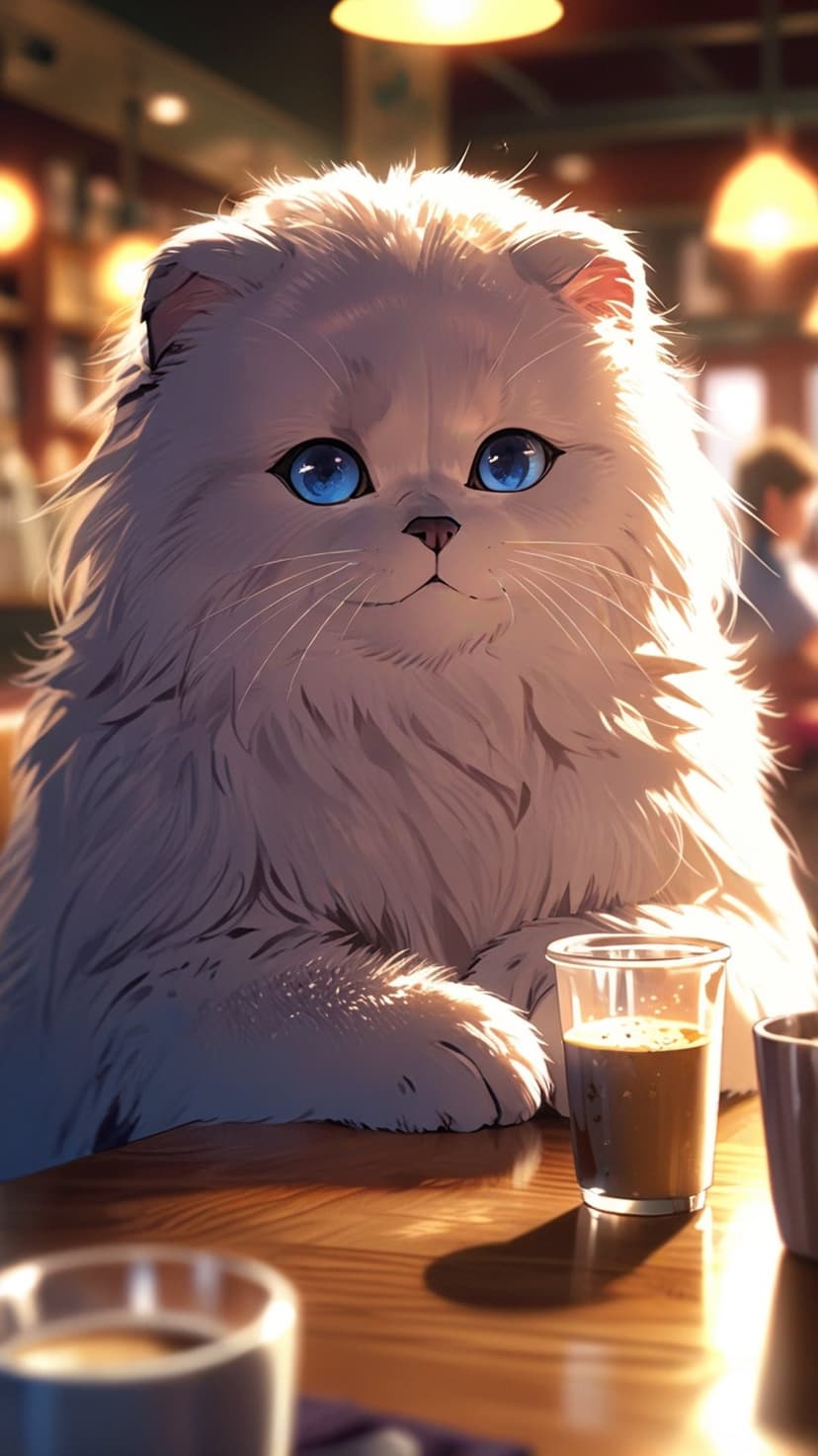 Fluffy white cat with blue eyes sitting at a wooden cafe table next to a white ceramic coffee cup in warm light.
