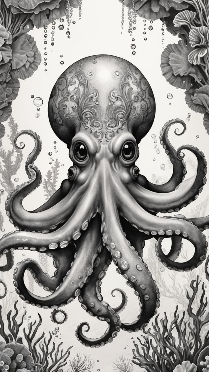 Ornate octopus with patterned tentacles swims through stylized kelp and bubbles in a monochrome aquatic scene.