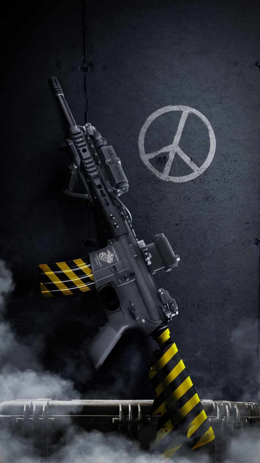 Assault rifle with a white peace symbol and hazard-striped magazine leans against a dark textured wall.
