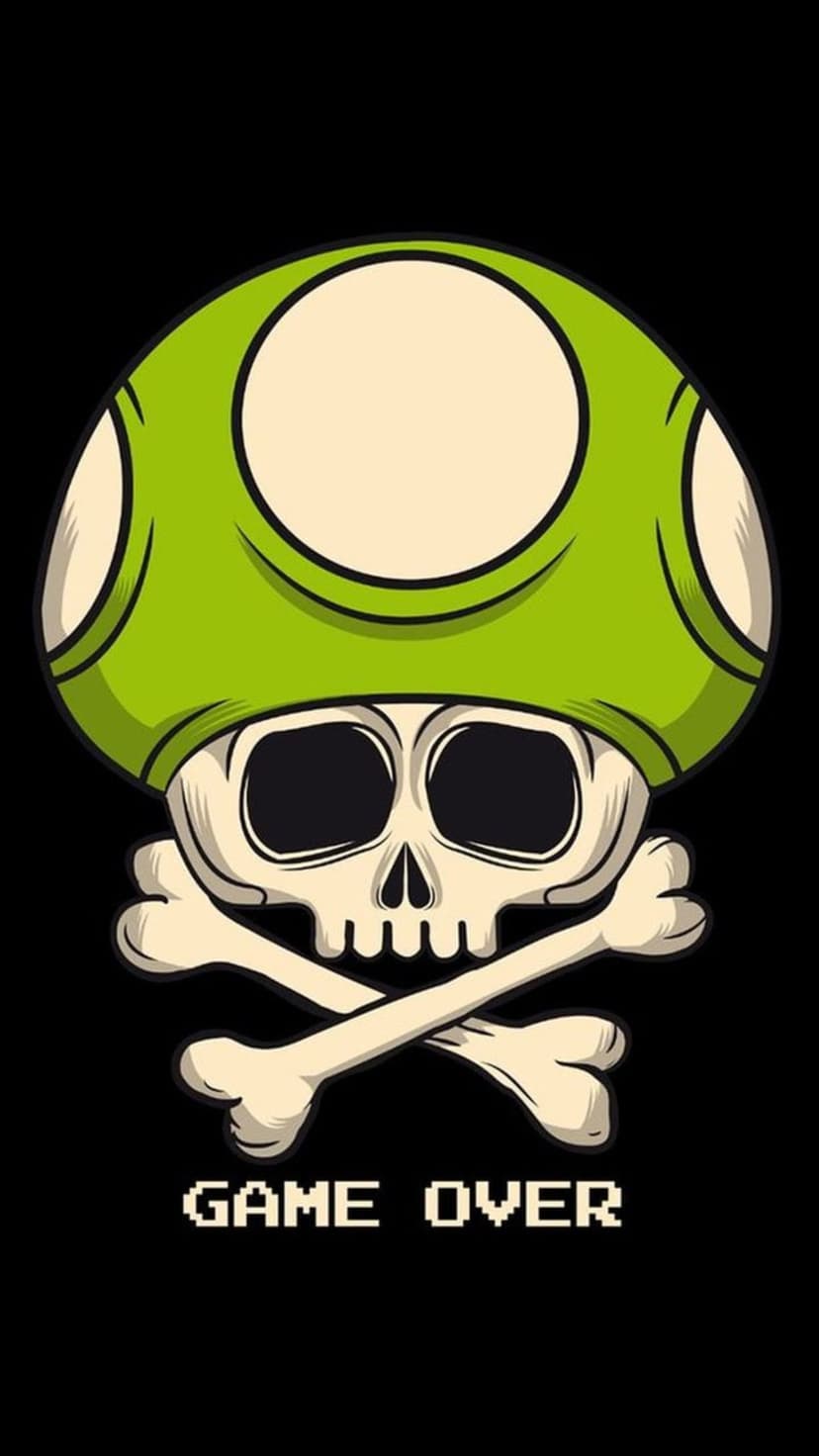 Skull wearing a green spotted mushroom cap above crossbones and blocky Game Over text on a dark background.