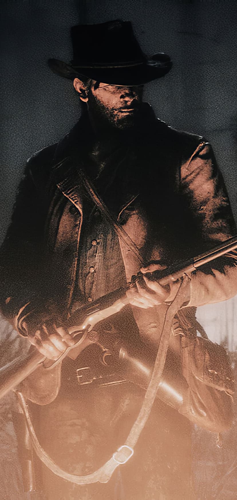 Arthur Morgan in a black hat holding a rifle with warm orange light highlighting weathered clothing textures.