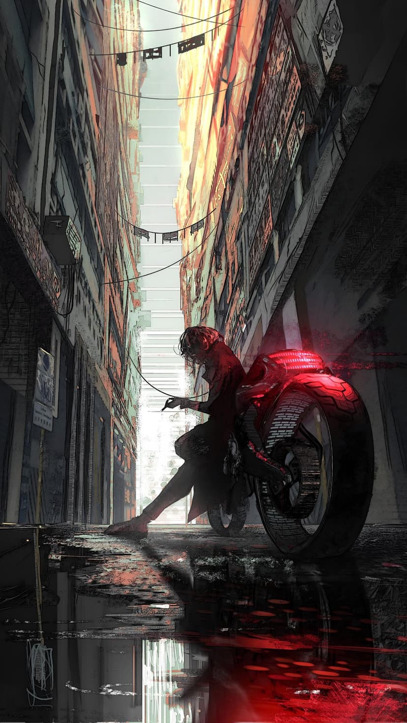 Motorcycle rider in a rainy cyberpunk alleyway with a glowing red taillight and shimmering wet street reflections.