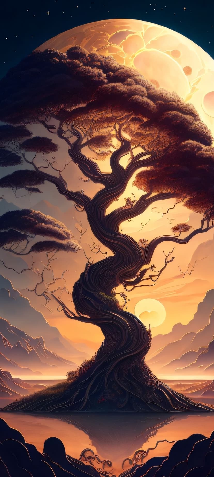 Gnarled tree reflects in a mirror-like lake beneath a massive glowing moon and a fiery sunset sky with mountains.