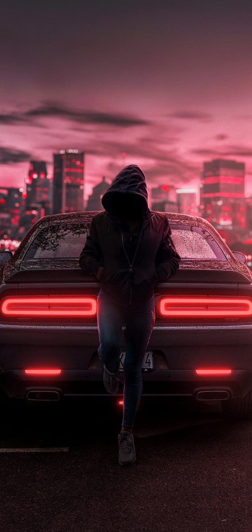 Hooded person leaning on a black car with red taillights against a glowing pink and purple city skyline at night.