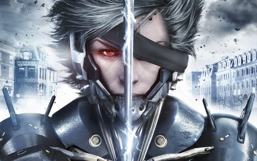 Raiden's face with a glowing red eye and cyborg armor, bisected vertically by a metallic sword blade.