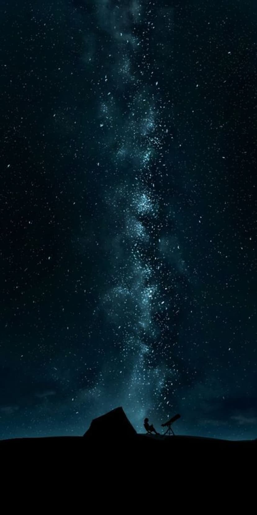 Person sitting by a telescope and glowing tent beneath the purple Milky Way galaxy in a dark starry night sky.