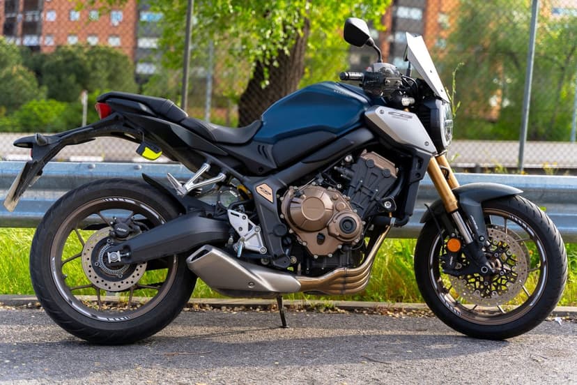Blue Honda CB650R motorcycle with bronze engine covers and gold forks parked against a green outdoor backdrop.