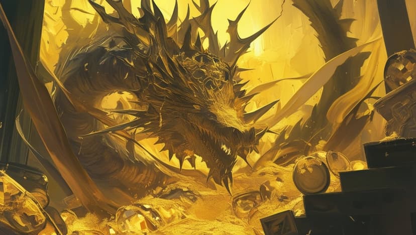 Menacing dragon with sharp spines coils around a massive pile of gold coins and jewels in a cavernous lair.