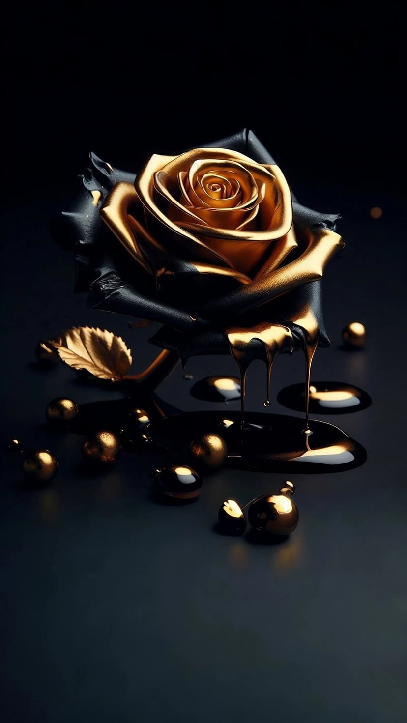 Black rose with gilded petals dripping liquid gold onto a dark reflective surface among floating spheres.