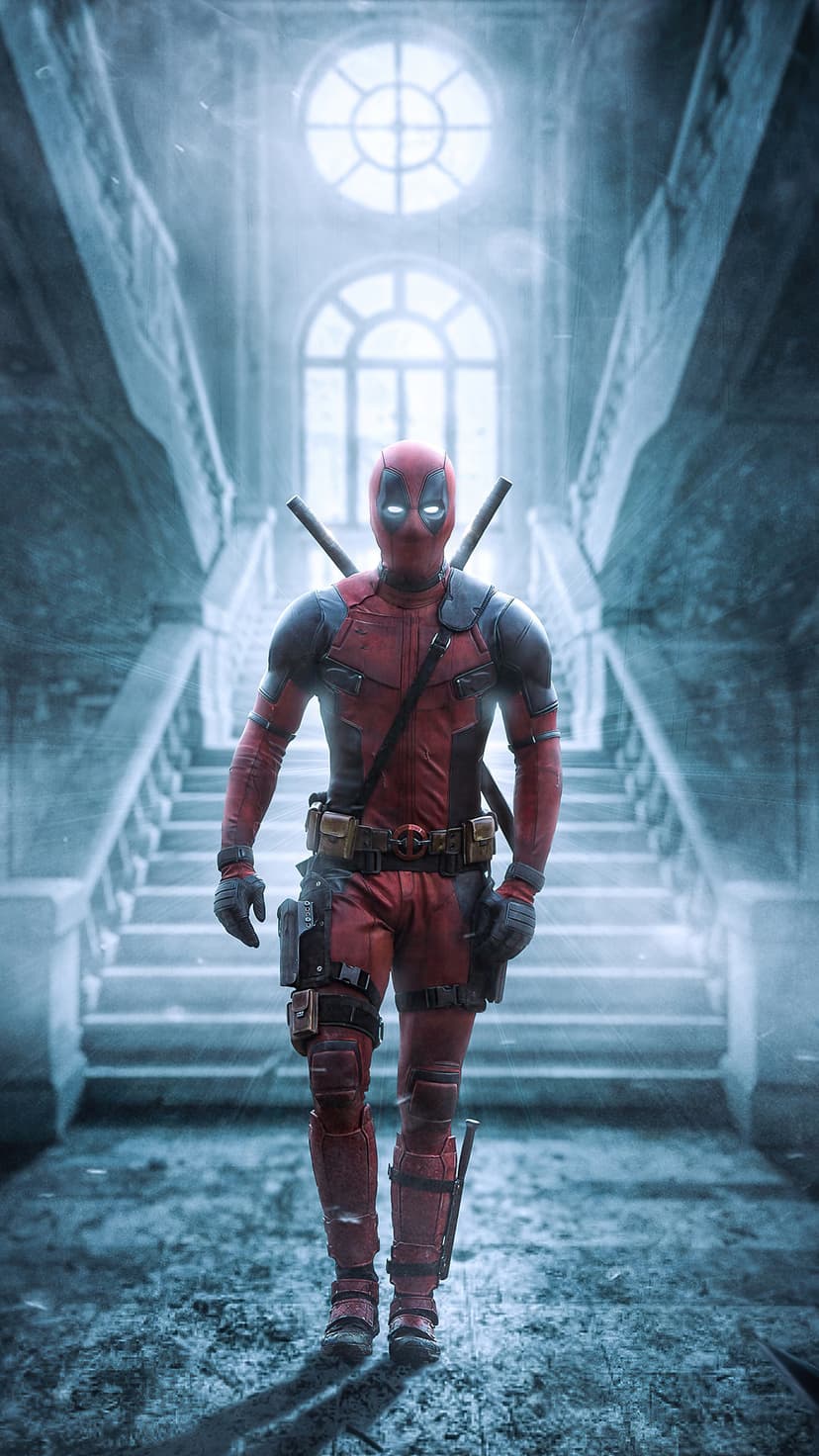 Deadpool walks down a fog-covered grand staircase with glowing white eyes and katanas strapped to his back.