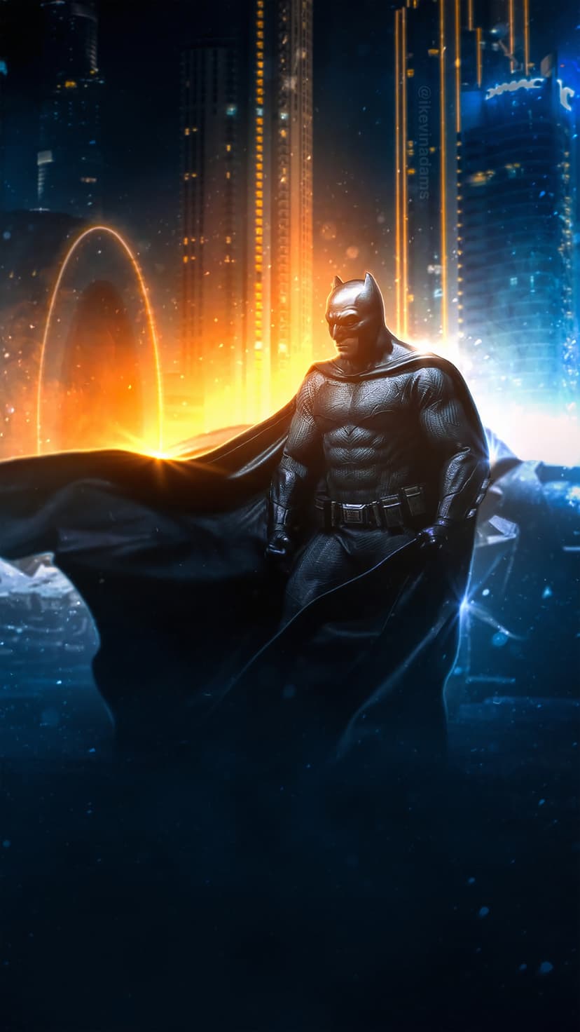 Batman stands between a glowing orange portal and a blue neon city skyline within a dark urban setting.