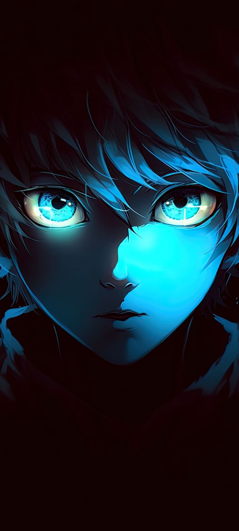 Young man with messy black hair and glowing blue eyes stares intensely from within heavy dark shadows.