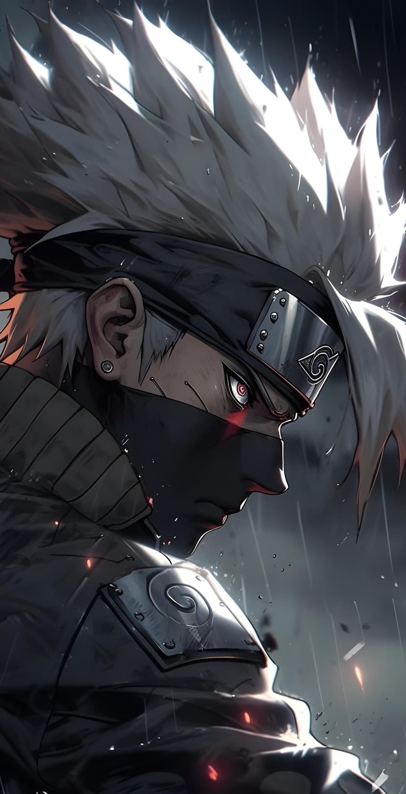 Kakashi Hatake with silver hair and a glowing red Sharingan eye stands in rain with drifting orange embers.