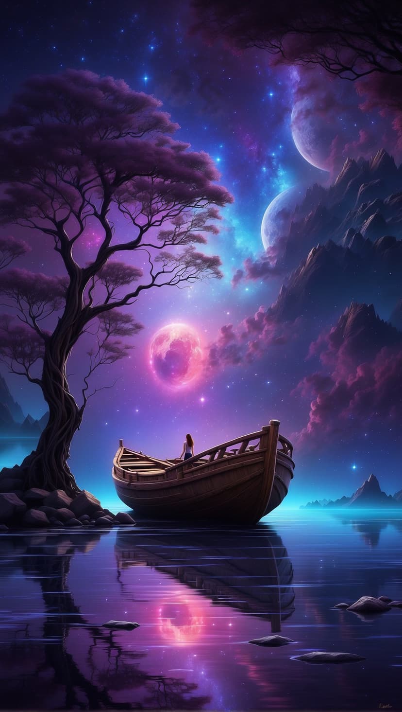 Small wooden boat drifts on glassy water beneath two moons and a swirling purple nebula in a starry night sky.